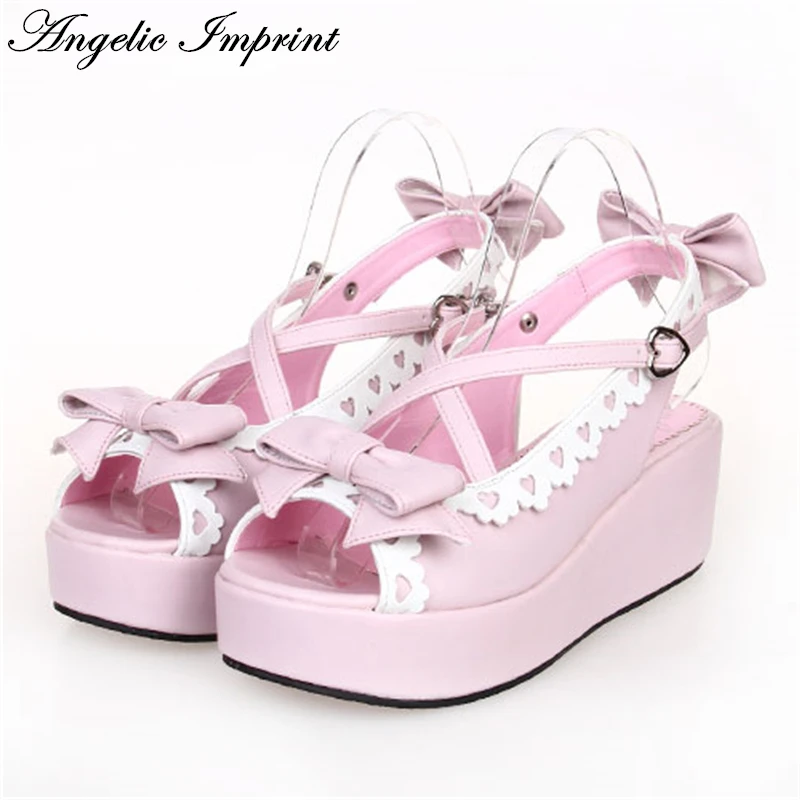 

Japanese Sweet Lolita Cosplay Strappy Sandals Lovely Bowknot & Lace Trim Platfrom Wedge Girls Summer Shoes