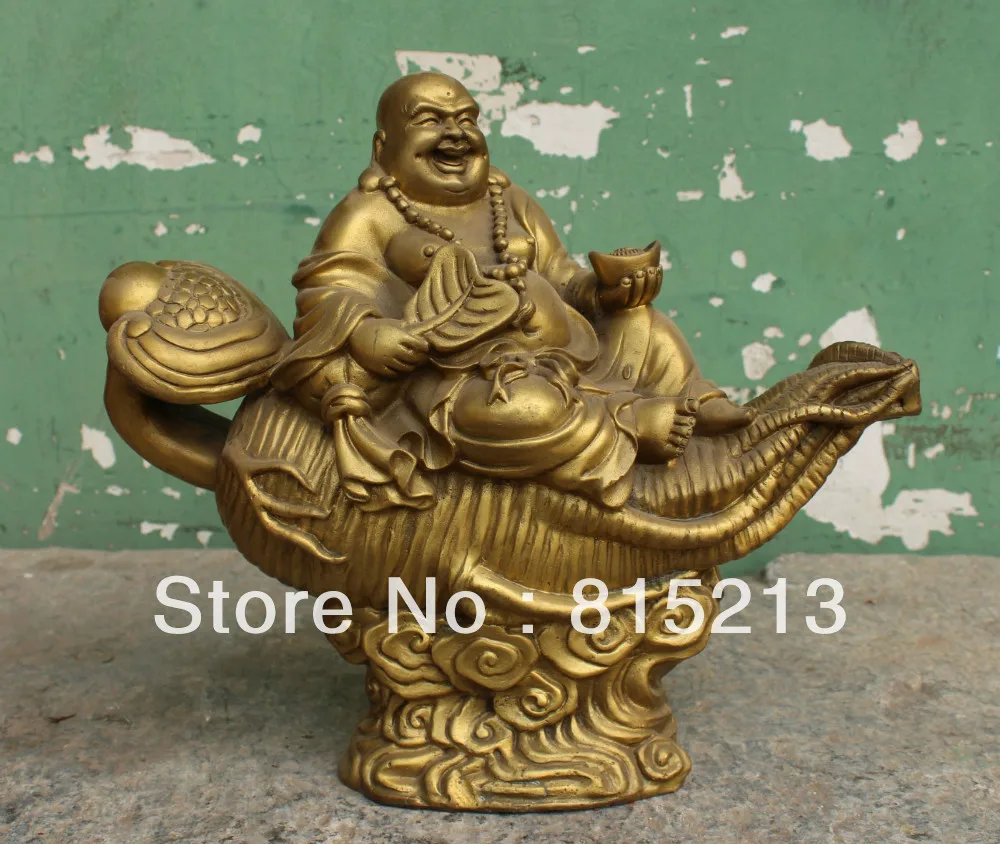 

bi00279 13" Chinese Bronze Happy Laugh Maitreya Buddha Hold Fan YuanBao On Ruyi States