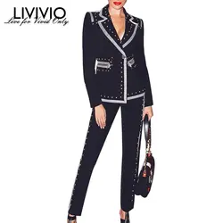 [LIVIVIO] осенний женский лоскутный костюм с заклепками блейзер с длинными рукавами и ОТВОРОТОМ с высокой талией тонкие брюки комплект из двух