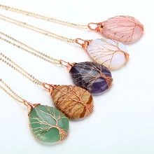 Natural de Cuarzo Amatista Colgantes de Ópalo de Piedra Hecho A Mano Se Levantó de oro Árbol de La Vida Envuelto En Forma de Gota colgante de cristal collar de la joyería