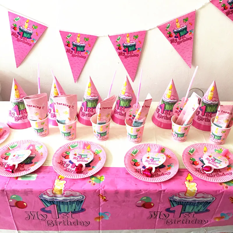 64pcs Lot My First Birthday Theme Girls Party Sets Paper Dishes
