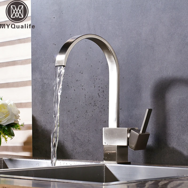 

Modern 360 Rotation Waterfall Kitchen Faucet Cock Single Handle Brushed Nickel Hot Cold Mixer Deck Mounted 1 Hole