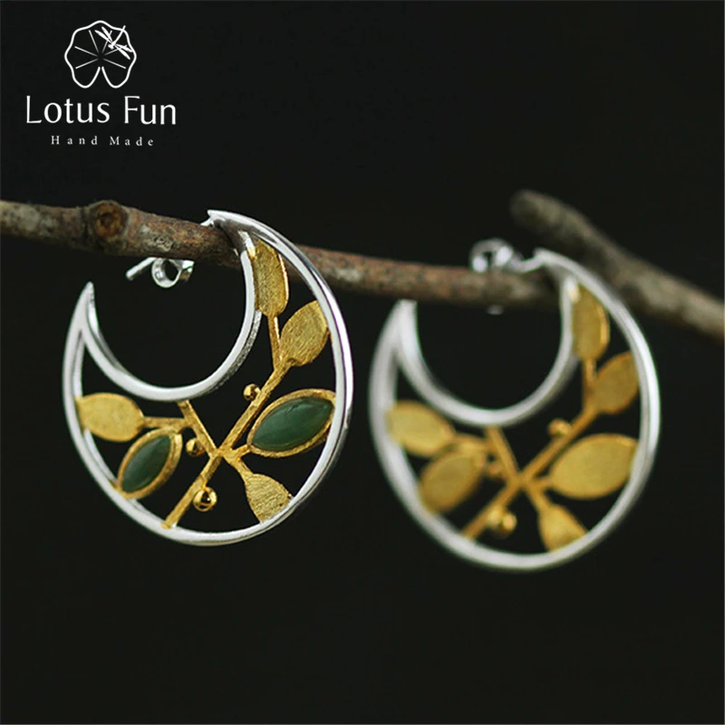 

Lotus Fun Real 925 Sterling Silver Natural Handmade Fine Jewelry Spring in the Air Leaves Hoop Earrings for Women Brincos