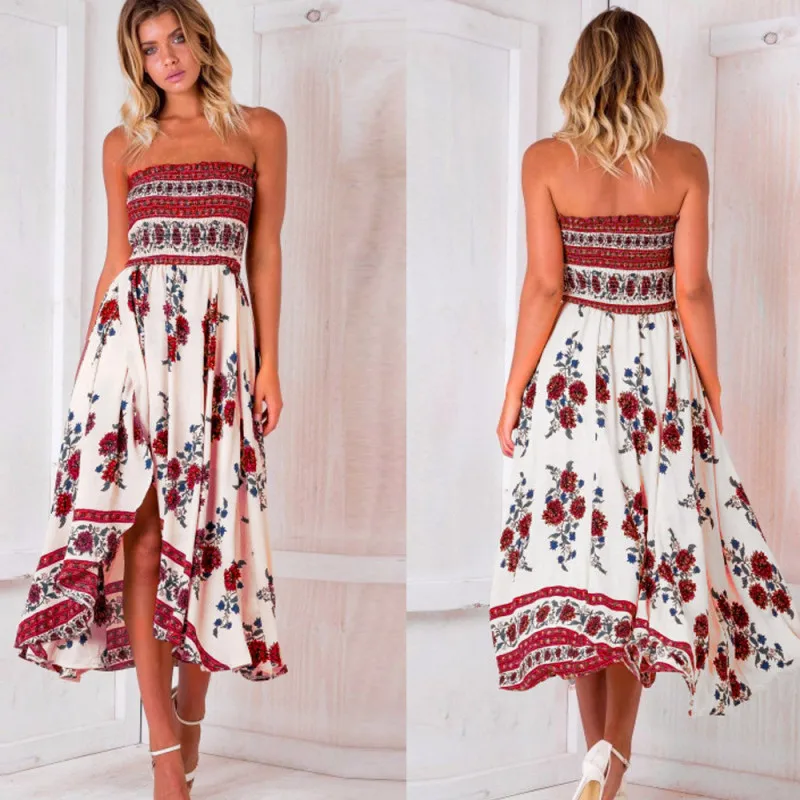

Oufisun Summer Beach Boho Women's Dress Sexy Strapless Side Split Vintage Print Floral Dresses Women Pleated Chic Dress Vestidos