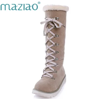 

MAZIAO 2017 Flat Warm Plush Women Snow Boots Handmade Lace Up Mid Calf Ladies Australian Boots Fashion Winter Shoes Large Size