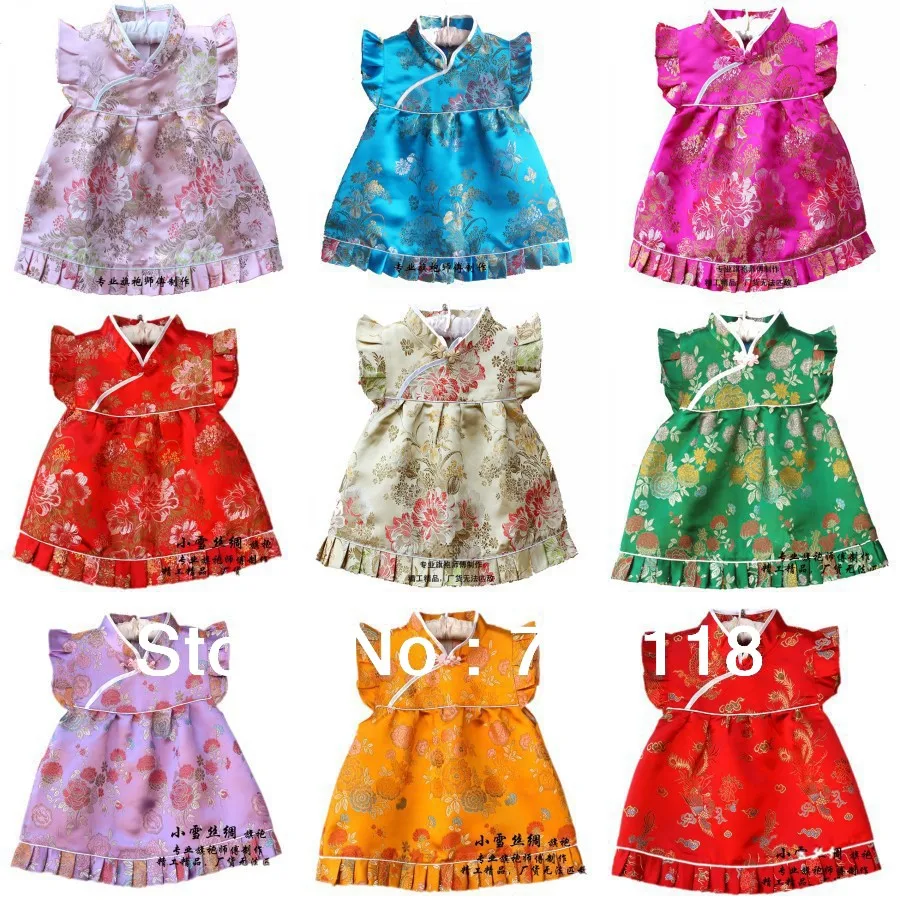 Новое платье для малышей Детское шелковое жаккардовое китайское платье Эксклюзивное Платье Чонсам для малышей от 4 месяцев до 3 лет, 12 лет,, QZ-7