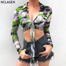 NCLAGEN 2019 Cool señoras lazo vendaje profundo cuello pico Crop Tops mujeres camuflaje malla camiseta playa Casual camuflaje Vintage trajes