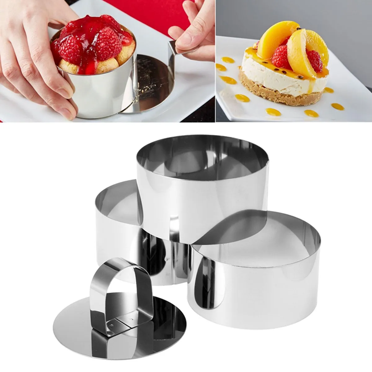 NEW Stainless Steel Cake Mold 4pcs Food Cooking Rings Pusher Round Ring