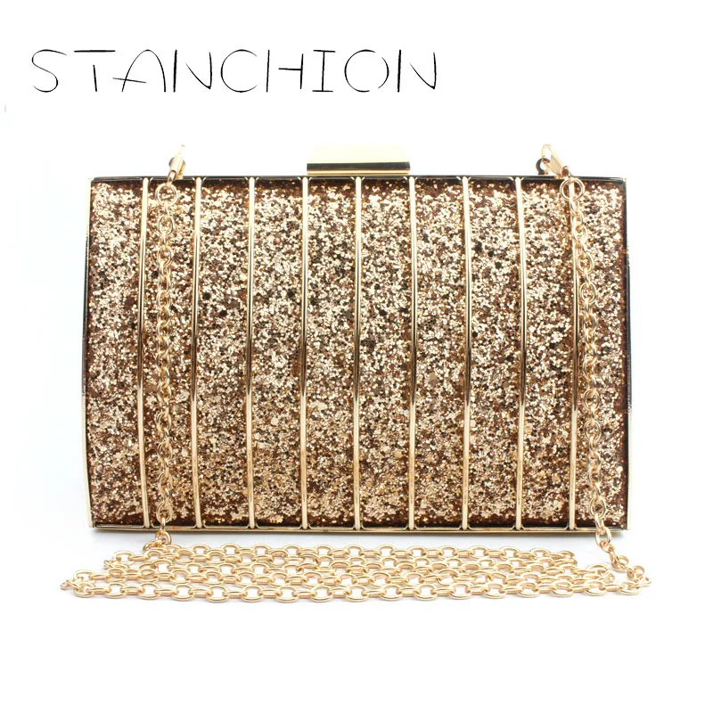 

STANCHION 2018 New Personality Line Iron Mesh Hand Shoulder Slung Chain Evening Bag Metal Handbag
