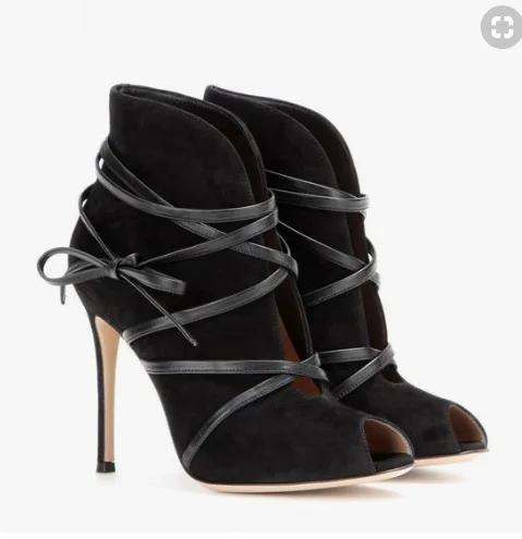 

Sexy Black Strappy Sandals Leather High Stiletto Heels Sandals Brand Style Open Toe Cross Tied Women Shoes Pumps Lace Up