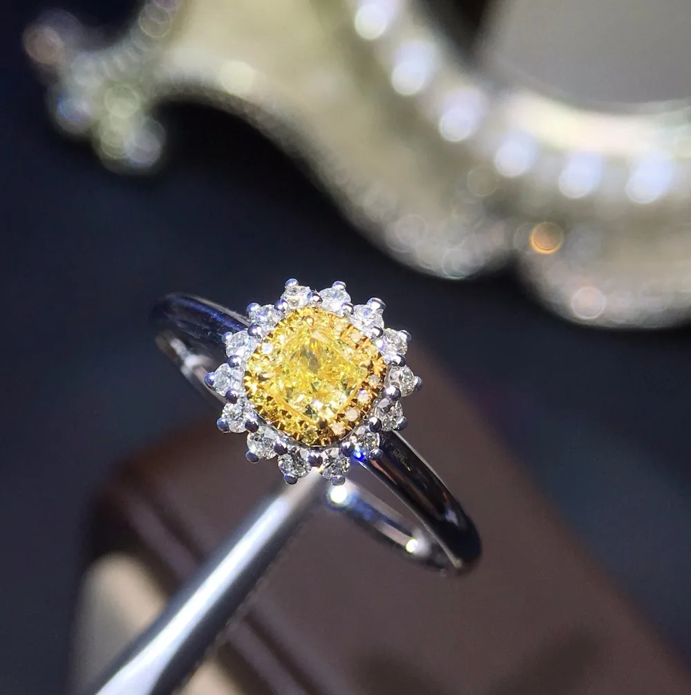 Fine Jewelry Real 18K White Gold Real Natural Yellow Diamond Wedding Engagement Female Rings for Women Fine Diamonds Ring