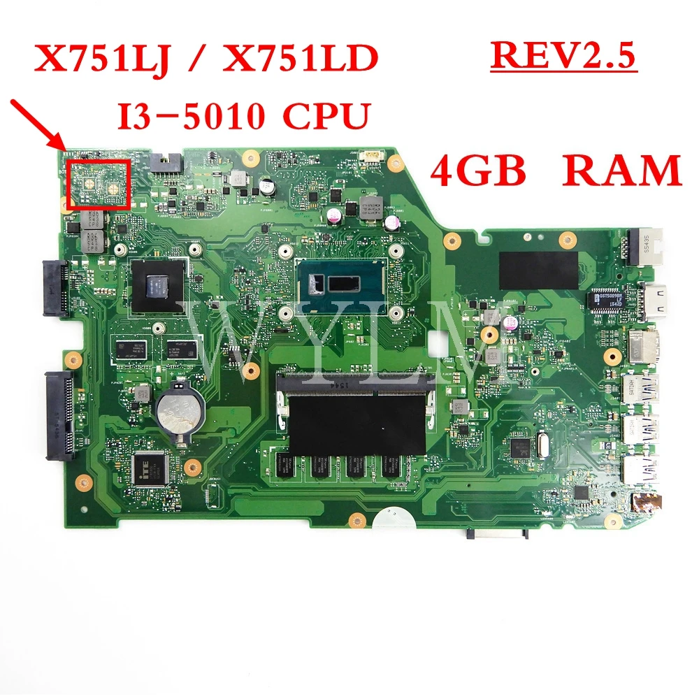 X751LJ I3-5010 Процессор 4 Гб Оперативная память платы REV2.5 для ASUS X751L X751LAB R752L R752LD R752LN X751LD X751LJ DDR3 Материнская плата ноутбука