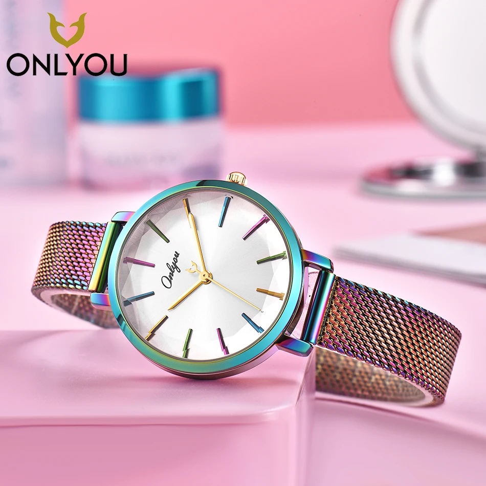 

ONLYOU Colorful Women Watch Fashion Rosegold Quartz Wristwatch Mesh Steel Bracelet Elegant Jewelry Ladies Luxury Clock Female