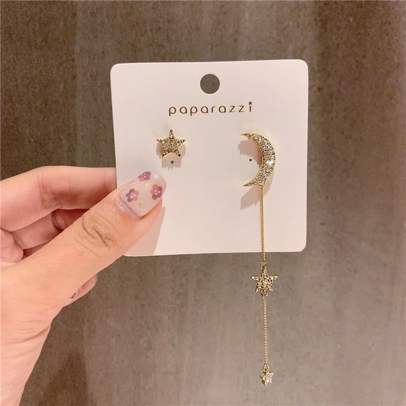 

Korean Dazzling Personality Asymmetric Star Moon Earrings Temperament Long Tassels Sweet Ear Jewelry For Women