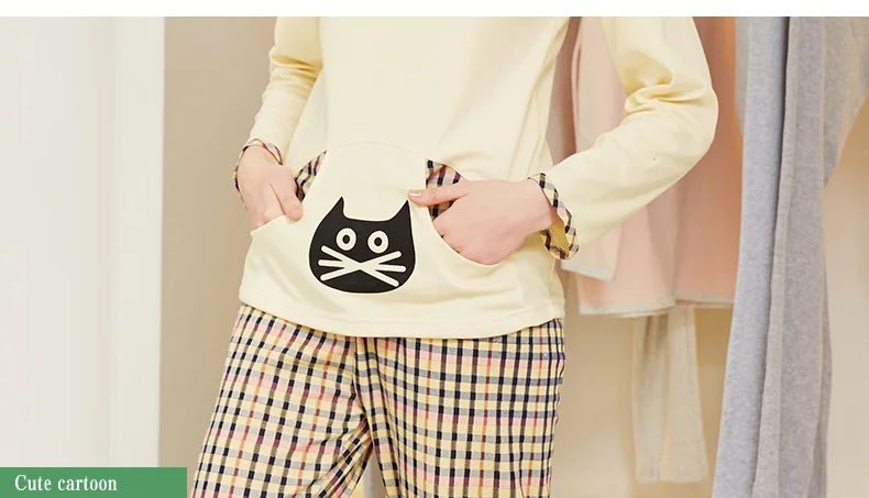 Весна Для женщин комплект пижам из хлопка ночное Femal нижней Костюм Повседневное Топы + Штаны гостиная кошка пижамы + брюки в клетку M-XL