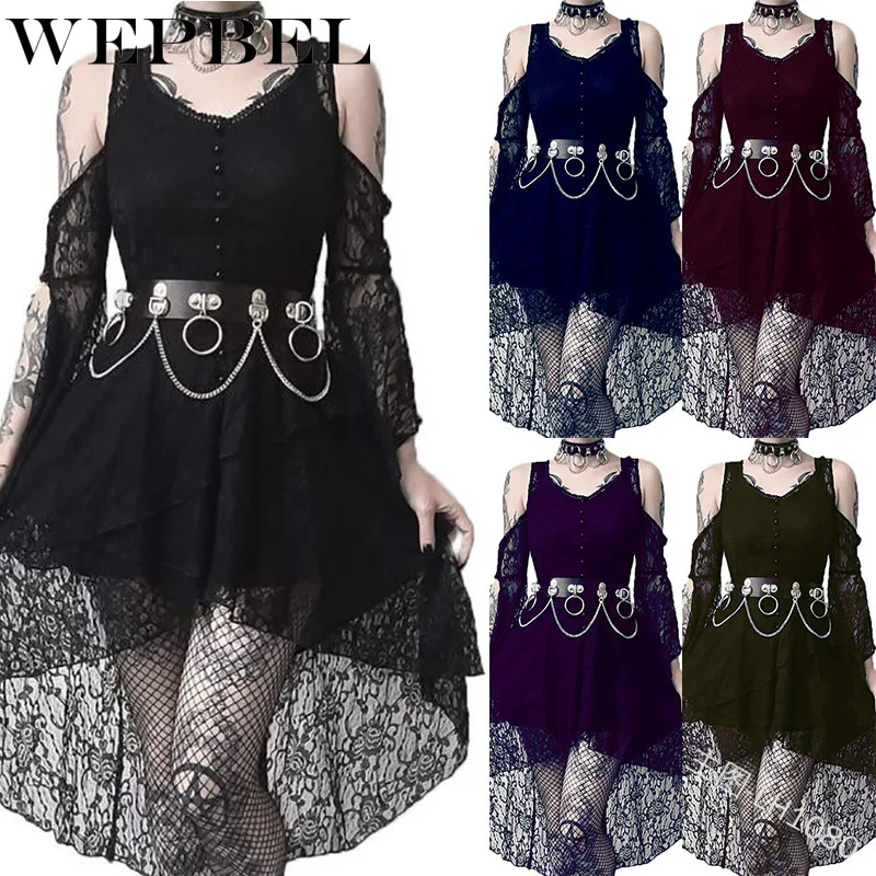 

WEPBEL Women Gothic Dress Cosplay Vintage Retro Lace Sashes Sexy Fashion Floral Ruffles Ladies Summer Dresses