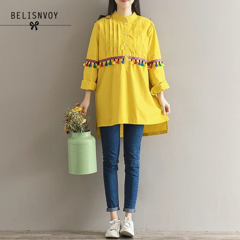 

2019 Spring Autum Fashion Art Style Women Loose Casual Long Shirt Tassel Design Long Sleeve Cotton Blouse Plus Size Clothes Tops