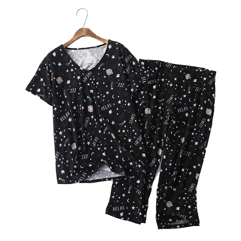 Милые Мультяшные укороченные брюки, пижамные комплекты для женщин, плюс размер, 100 кг, сексуальный v-образный вырез, Трикотажная хлопковая Повседневная Домашняя одежда, пижамы для женщин - Цвет: DX TZ F