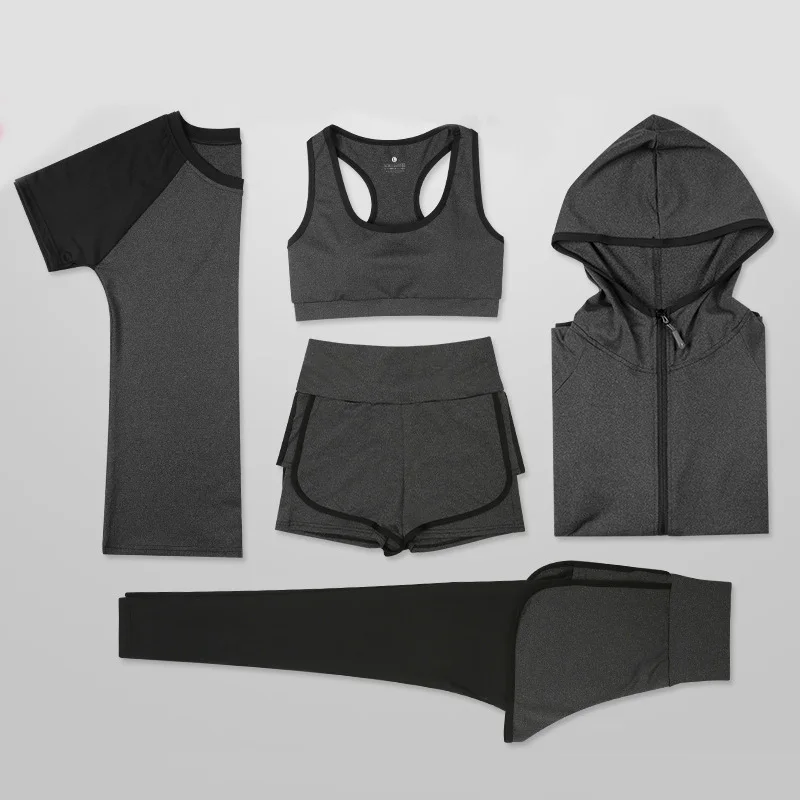 G-SHOW, комплект с бюстгальтером, женский спортивный костюм для йоги, быстросохнущие шорты из 5 предметов, женские длинные штаны с коротким рукавом, уличная спортивная одежда, костюм для фитнеса - Цвет: 5-piece set - gray