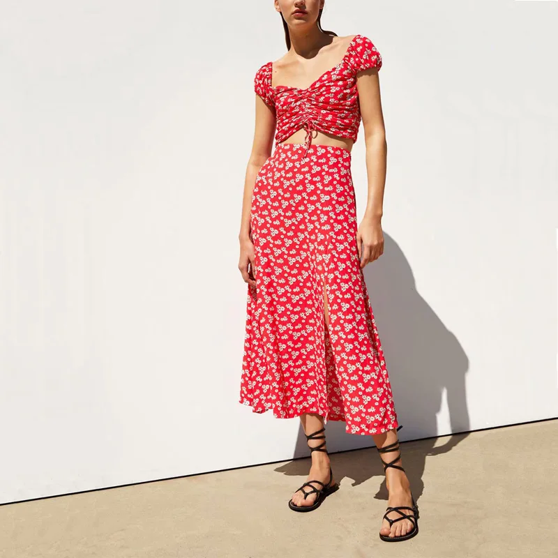 

Summer Women's Set Casual Flower Print Short Sleeve Top + Skirt Set