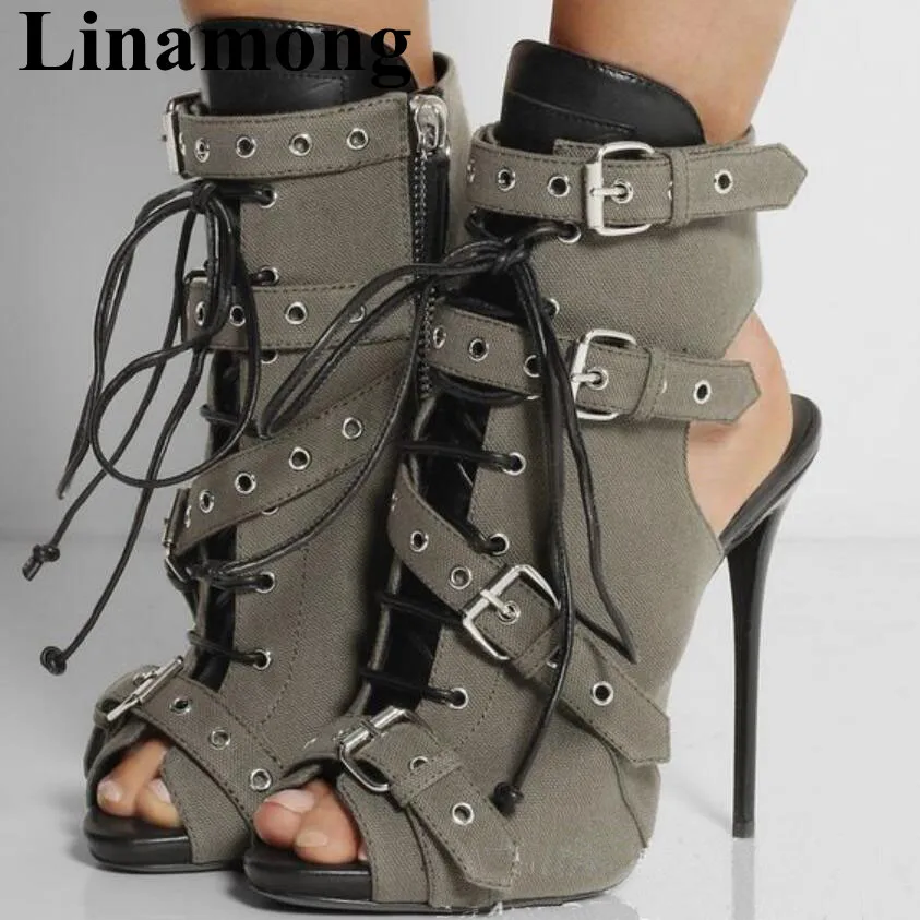 

Summer Newest Buckle Strap And Lace Up Fashion Peep Toe And Thin High Heel Mixed Color Canvas Shoes Sexy Party Women Sandals