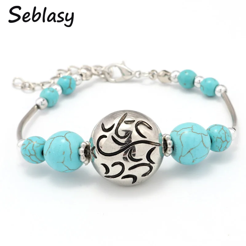 

Seblasy Vintage Tibet Sliver Color Bohemian Natural Stone Ball Bead Carved Leaf Bracelets & Bangles for Women Accessories