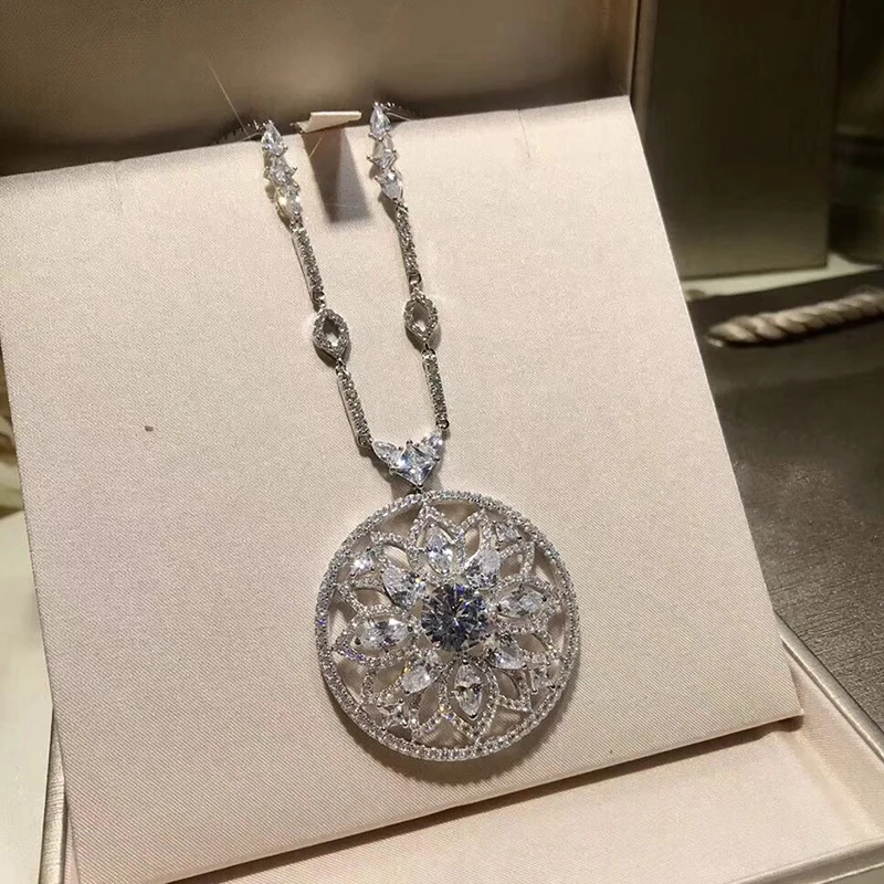 

Brand Pure 925 Sterling Silver Jewelry For Women Round Flower Neckalce Flower Pendant Big Flower Silver Wedding Party Necklace