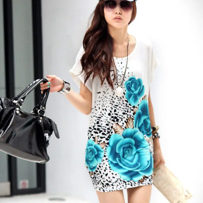 

JAYCOSIN White Floral Mini Dress Women Short Sleeves Casual Loose Rose Print Mini Dress Female O Neck Loose Drop shipping Z0327