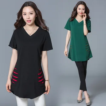 

2020 Summer T-shirts Women 4XL Plus size Ladies Tops Ladies Loose V neck Large size Long cotton Tee A109