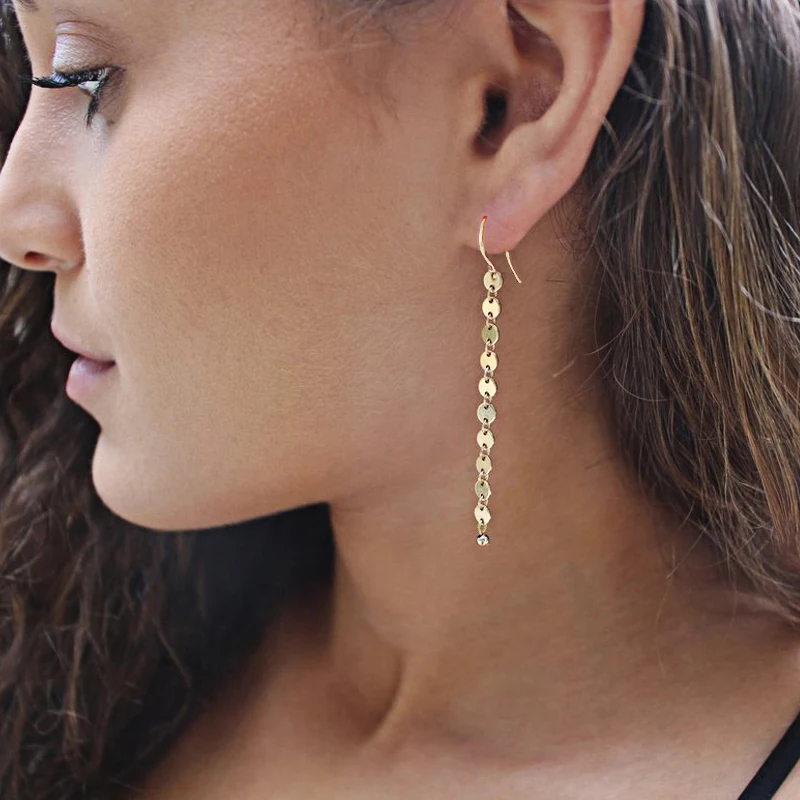 

FLTMRH New Gold Silver Color Round Coin Long Earrings for Women High Quality Metal Chain Tassel Earrings Statement Drop Ear