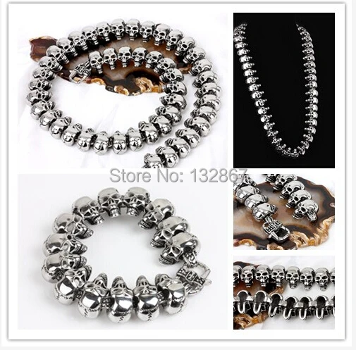 

New classic punk style 24mm Heavy Men's Stainless Steel Cool Skull Heads Chain Necklace & Bracelet Set