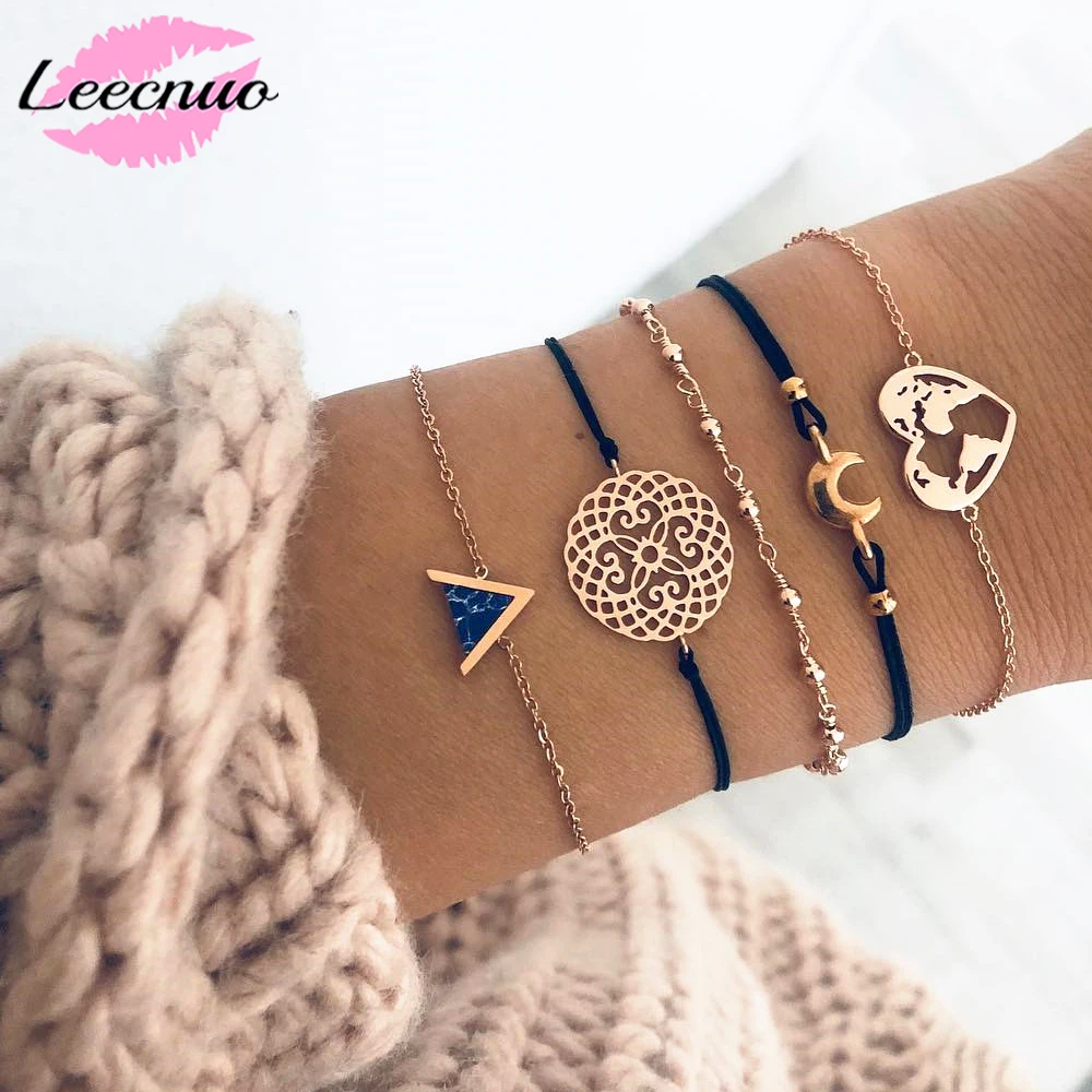 

Leecnuo 4/5/6pcs Bracelets for Women Simple Patterned Round Moon Bracelet Personality Love World Map Charm Bracelet for Couple