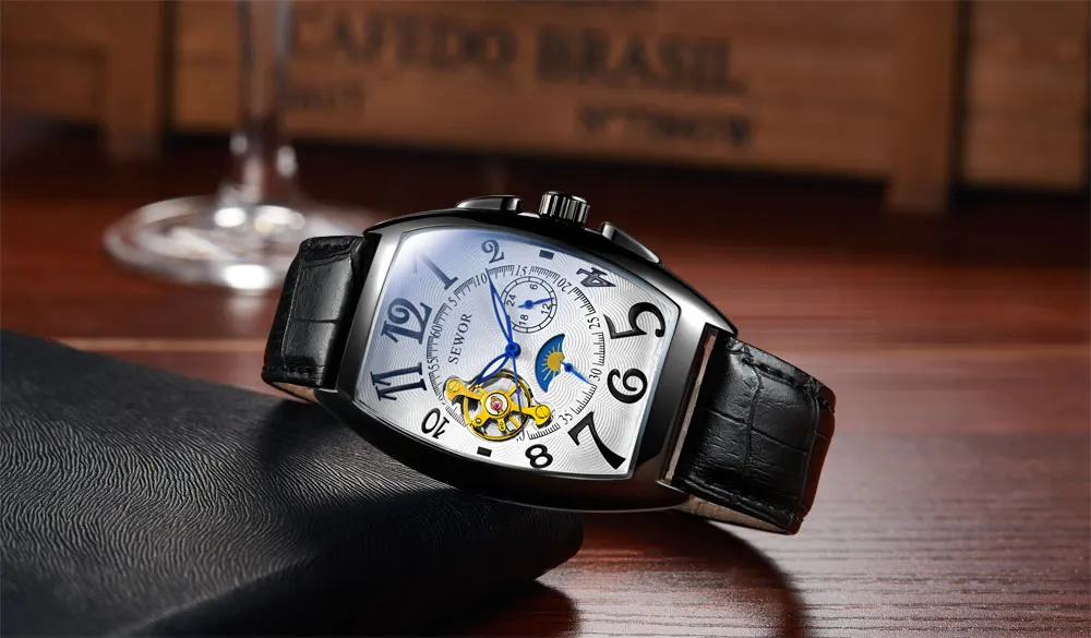 HTB1rNXFXEzrK1RjSspmq6AOdFXaL SEWOR New Black Gold Tonneau Tourbillon Automatic Mechanical Watch Men Genuine Leather Strap Men Clock Male Men Wristwatches