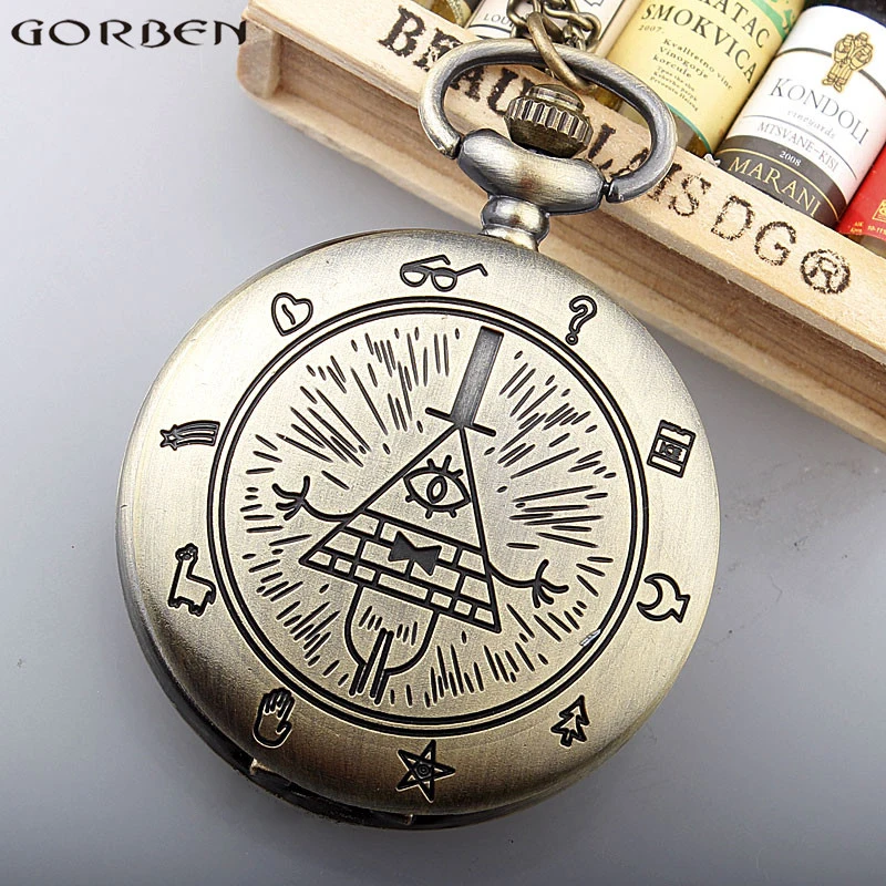 Античная бронза треугольный узор Freemason кварцевые карманные часы ожерелье для