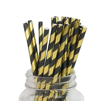 

100pcs Party Favor 7.75 Inch Foil Black and Gold Paper Straws Biodegradable Paper Drinking Straws Party Wedding Party Supplies