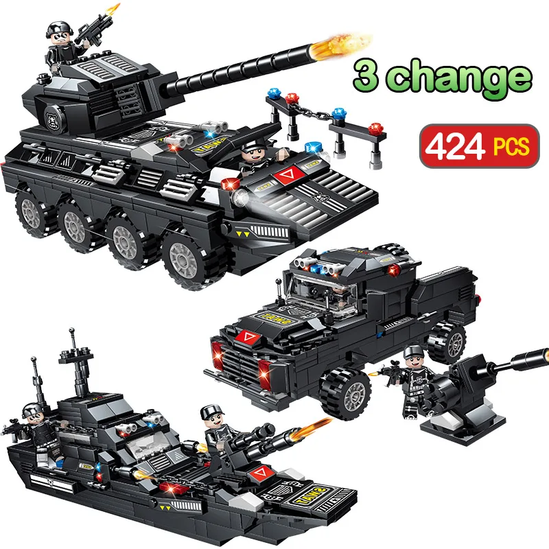 

424pcs 3 Change City Police Building Blocks Compatible LegoINGLY Swat Police WW2 Commandos Figures Kits Bricks Toys For Children