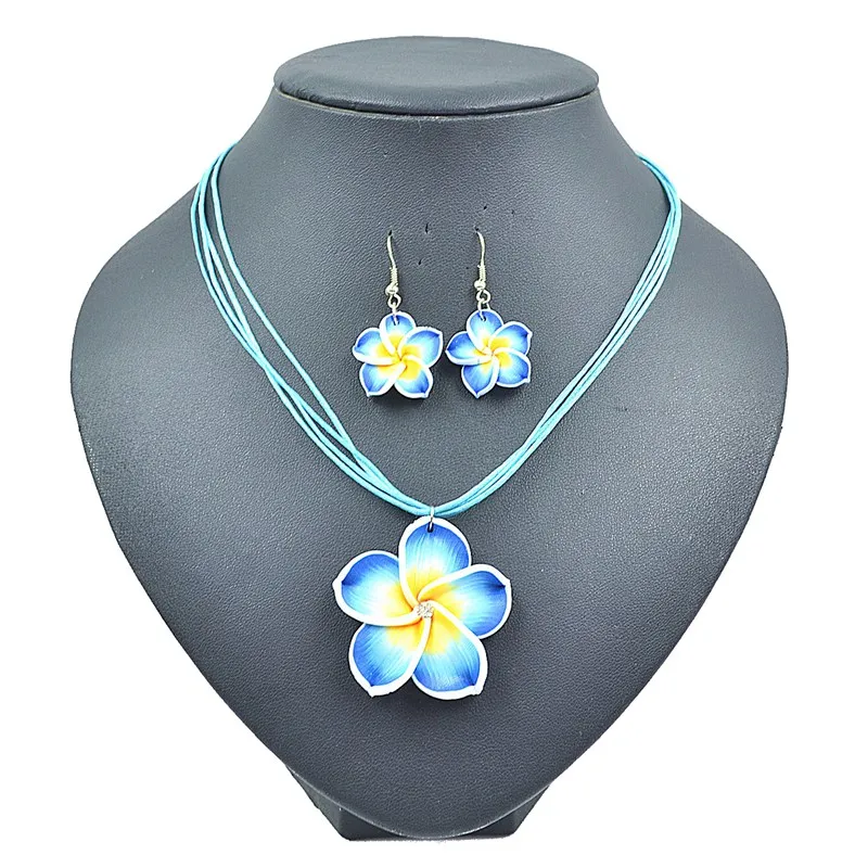 TopHanqi 1set 6color Summer Beach Hawaiian Clay Fimo Frangipani Flower Necklace Earrings Jewelry Sets For Children Girls - Окраска металла: blue