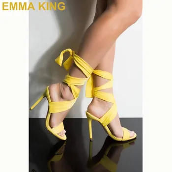 

Yellow lace Up Ladies Sandals Stiletto Heels Women Summer Shoes High Heels Cross Strap Sexy Party Sandals Mujer 2019 Sandalias