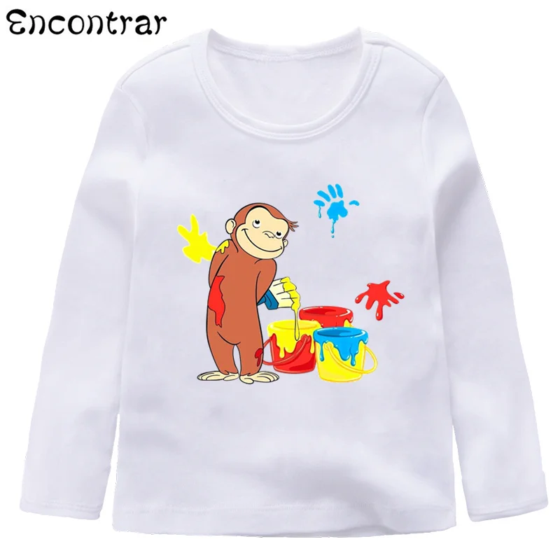 Повседневные топы с длинными рукавами для мальчиков и девочек, Детская футболка с принтом «Curious Джордж», Детская забавная белая футболка, LKP3067 - Цвет: LKP3067I