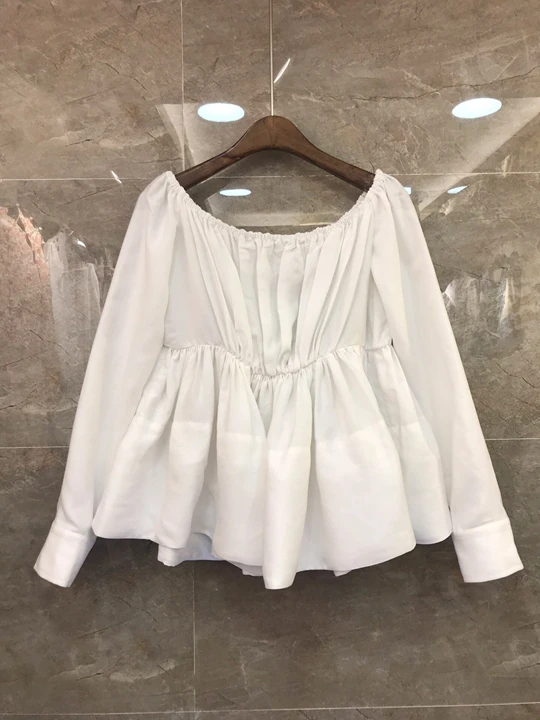 

2019 Early Autumn New Woman Shoulder Lotus Leaf Pendulum Pure Long-sleeved Baituan Top 717