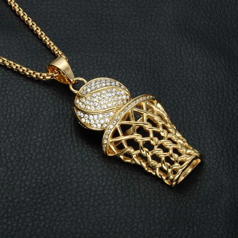 Iced Out хип-хоп баскетбольное ожерелье и обруч для мужчин Золотой Серебряный цвет стальная цепочка подвеска длинная цепочка ожерелье спортивные подарки D3