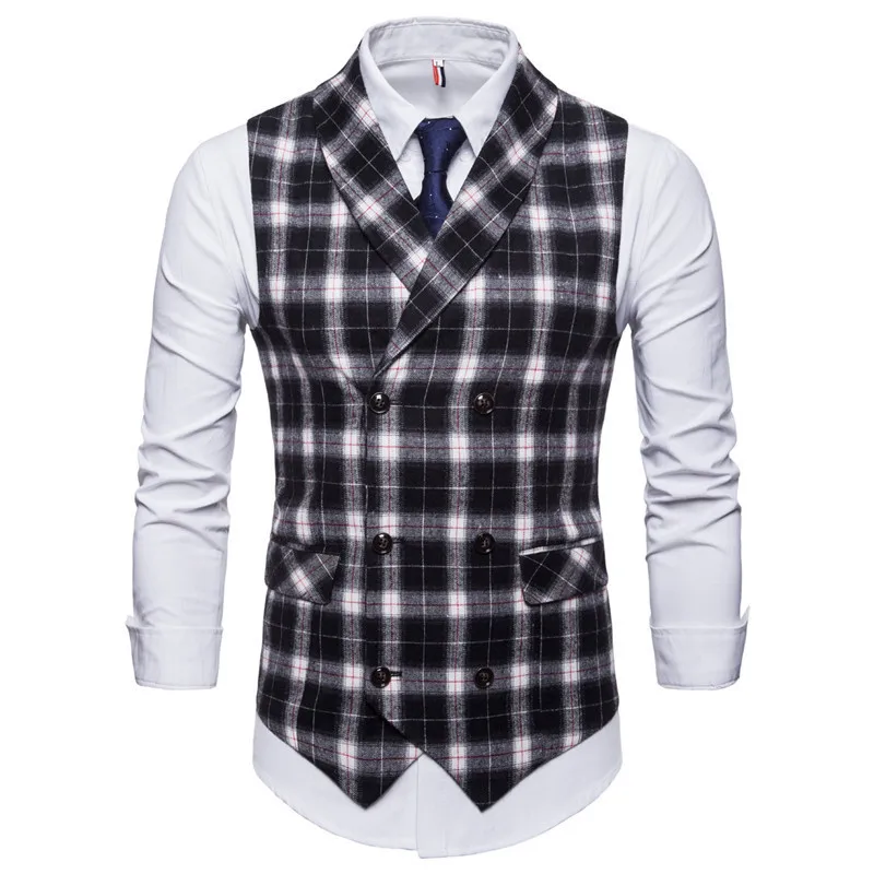 Riinr 2018 New Brand Men Double Breasted Wedding Suit Waistcoat Vests Men Sleeveless Business Overcoats Gary Plaid casual vest