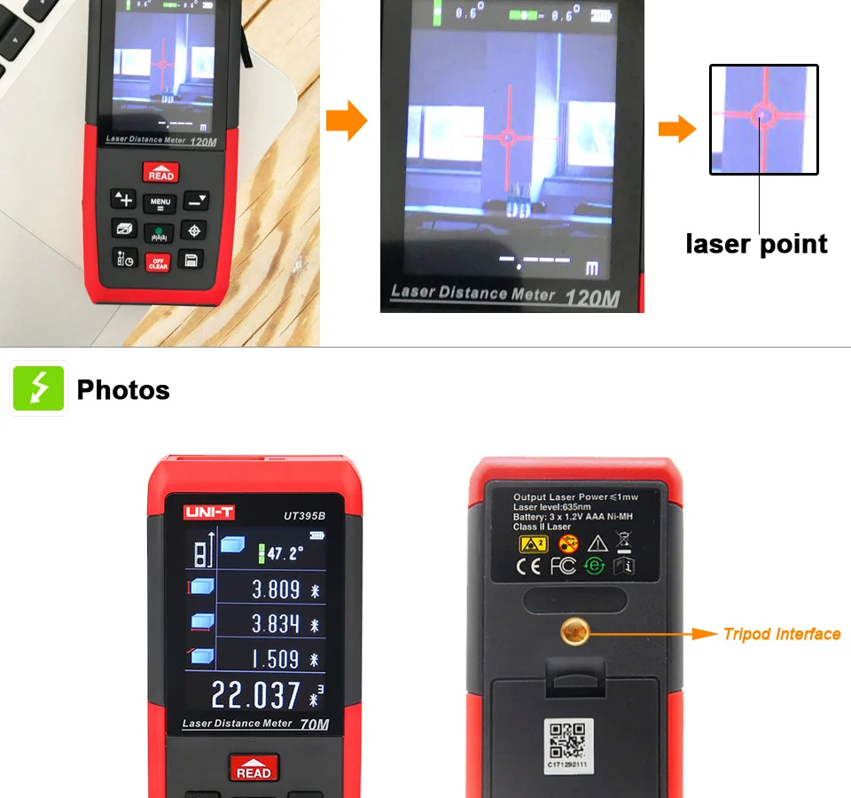 UNI-T UT395A Лазерные дальномеры 50 м~ 120 м Диапазон Finder с 2MP объектив дальномер Best точность 2 мм экспорт данных USB ПК Программное обеспечение