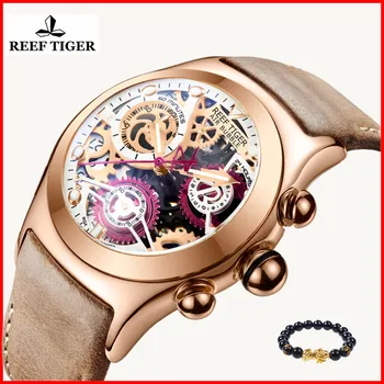 

Reef Tiger/RT Chronograph Sport Watches for Men Skeleton Dial with Date Three Counters Luminous Rose Gold Unique Watches RGA792