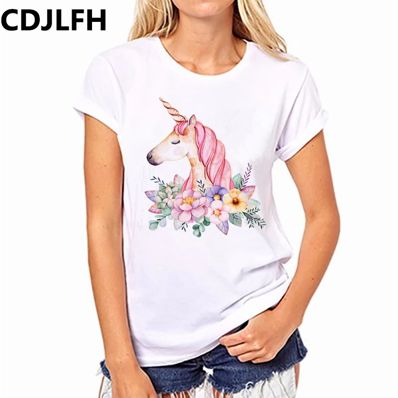 

CDJLFH Summer Fashion Women Tshirt Harajuku Unicorn Print T-shirt Kawaii Unicornio T Shirt Leisure Women's Clothing