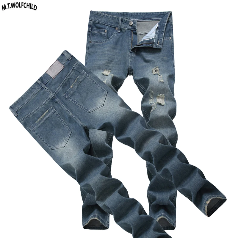 Высокое качество 2018 мода мужские джинсы casual Проблемные отверстие джинсы Masculino прямые синие джинсы мужские тонкие джинсы брюки
