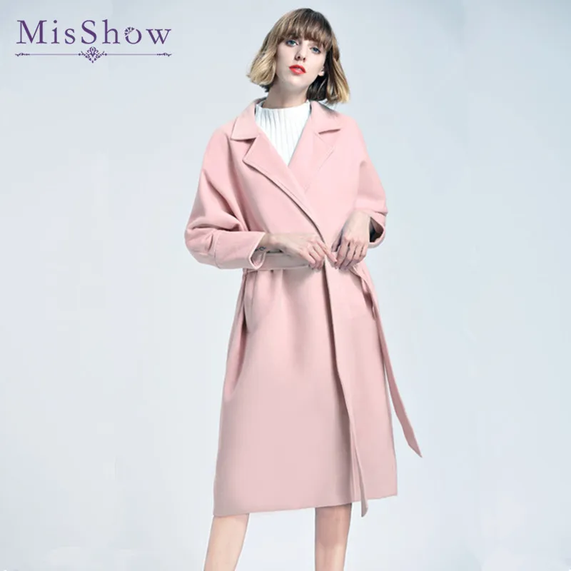 MisShow 2018 Pink Autumn Winter Coat Women Belt Coats Elegant Long Slim