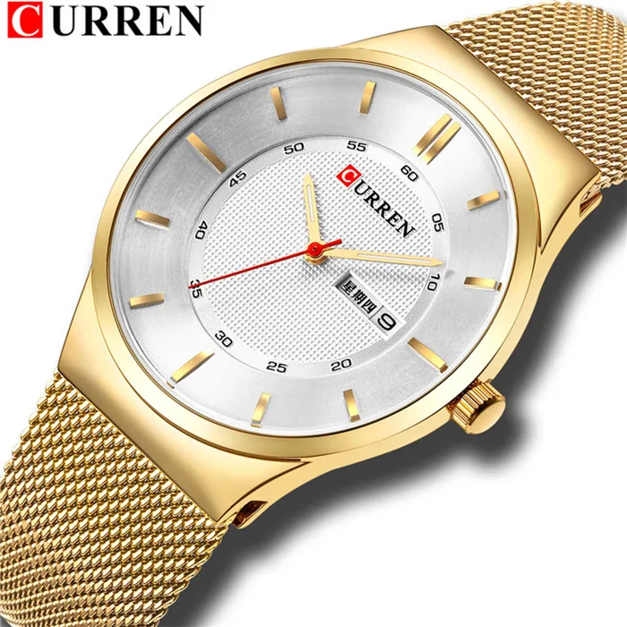 Мужские часы, простой стиль, нержавеющая сталь, сетка, наручные часы CURREN, новинка, кварцевые мужские часы с неделей и датой, Reloj, водонепроницаемые, Hombre - Цвет: gold white