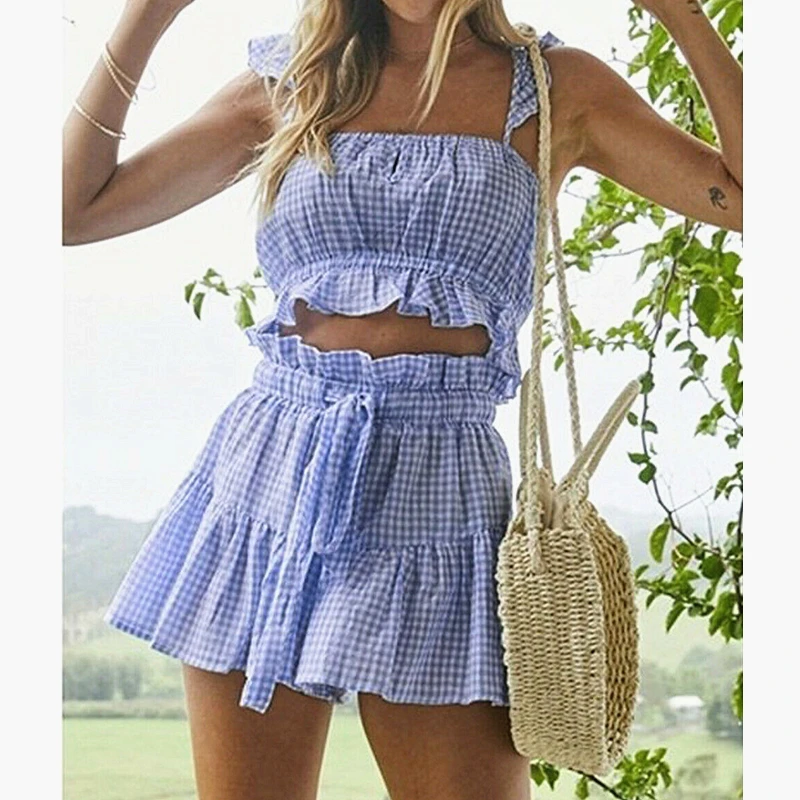 

2pcs Fashion Women Plaid Outfits Set Rompers Jumpsuit Summer Beach High Waist Short Pants Casual Sleeveless Crop Tops