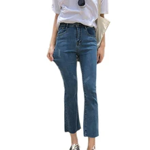 Женские обтягивающие джинсы повседневные стрейч прямые расклешенные с разрывами, длиной до щиколотки джинсы с высокой талией летние модные поцарапанные узкие джинсовые брюки